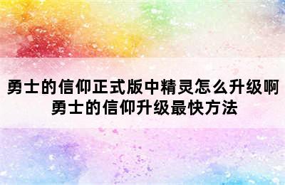 勇士的信仰正式版中精灵怎么升级啊 勇士的信仰升级最快方法